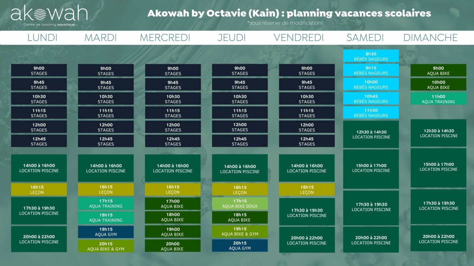 Planning Kain en période de vacances